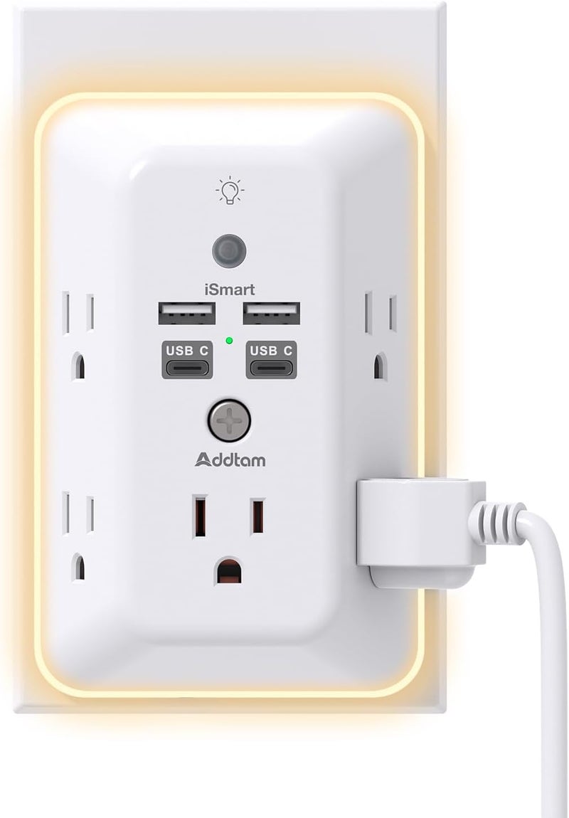 Addtam Surge Protector, Outlet Extender with Night Light, 5-Outlet Splitter and 4 USB Ports(2 USB C), USB Wall Charger Power Strip, Multi Plug Outlet for Home, Office, School, ETL Listed - Image 1